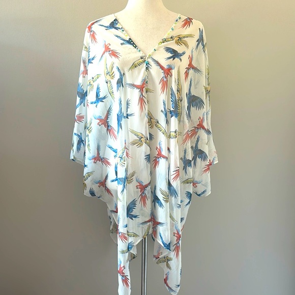 Molly Bracken Colorful Beaded Bird Print Swim Kaftan Coverup Resortwear Vacation - Picture 1 of 7